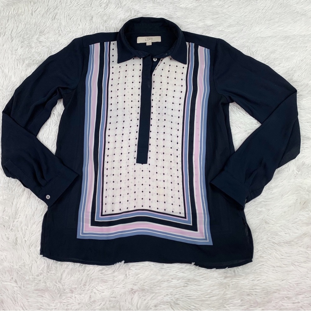 Loft long sleeve border polka dot collared popover shirt navy‎ blue white